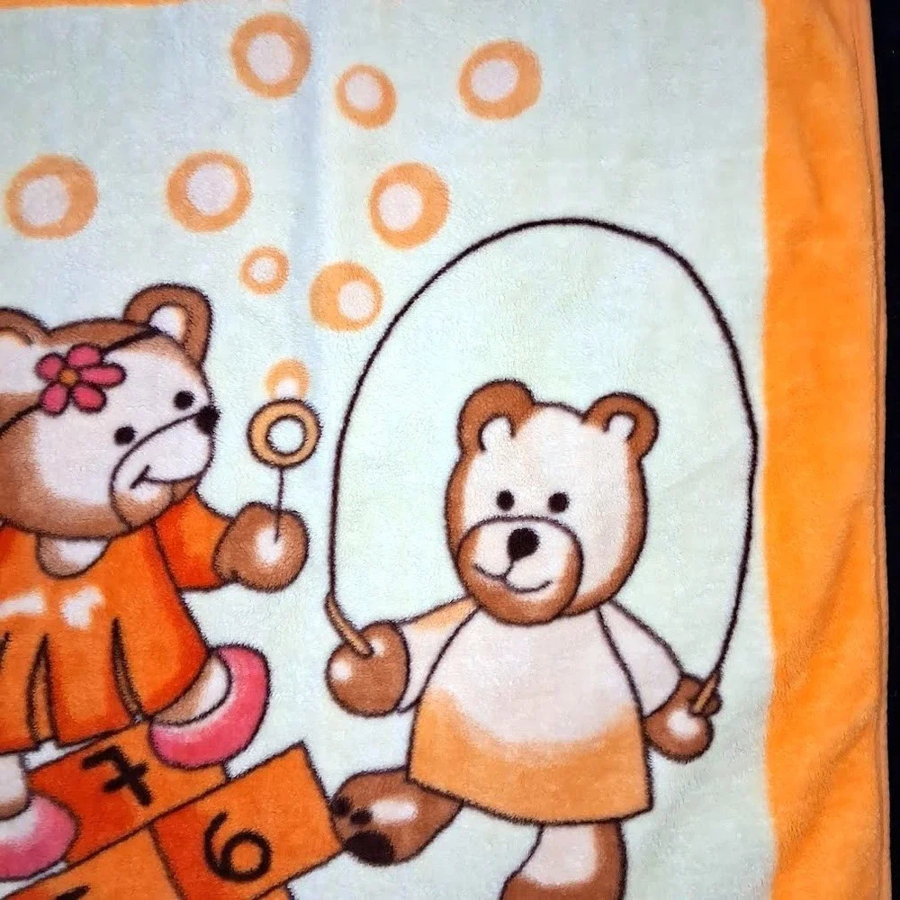 Playing Bears Fleece Orange Yellow Throw Blanket Hopscotch Jump Rope Bubbles BIG